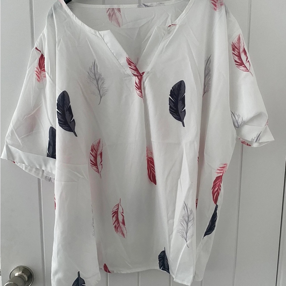 Women's Feather Print Top - White with Red and Black Accents